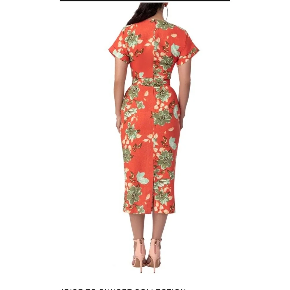 FKSP Coral Floral Midi Dress‎ Linen Blend SUNRISE SUNSET COLLECTION 